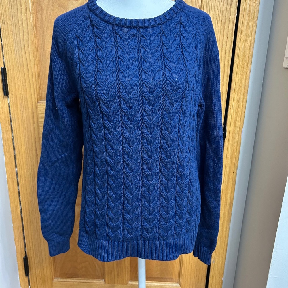Lands' End Drifter Blue Cable‎ Knit Crew Neck Cotton Sweater WomensM 10-12